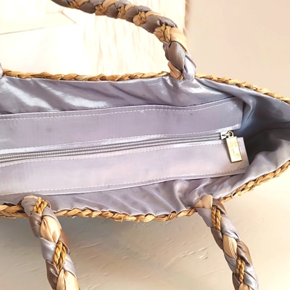 Sun n' Sand Natural Straw/ Lavender Fabric Woven Shoulder Tote Bag